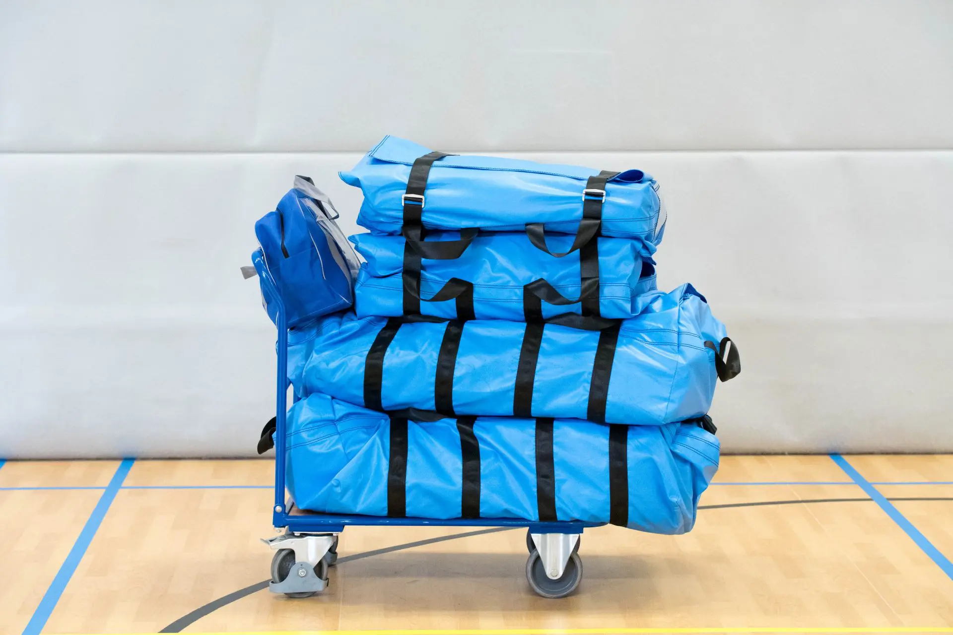 Trolley carrying blue bags